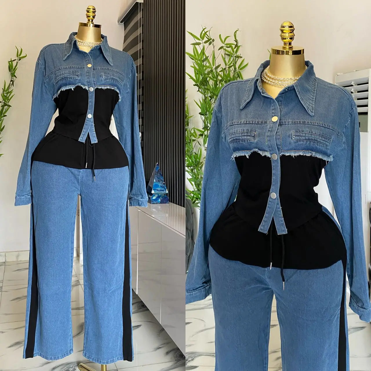 Two Piece Sets Women Pant Set Denim Splice Matching