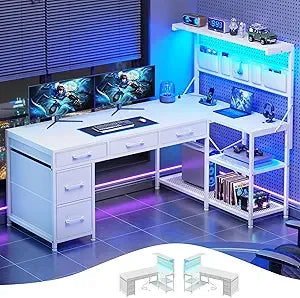 L Shaped Gaming Desk with 5 Drawers and Storage Shelves, Reversible Computer Desk with Bookshelf for Home Office