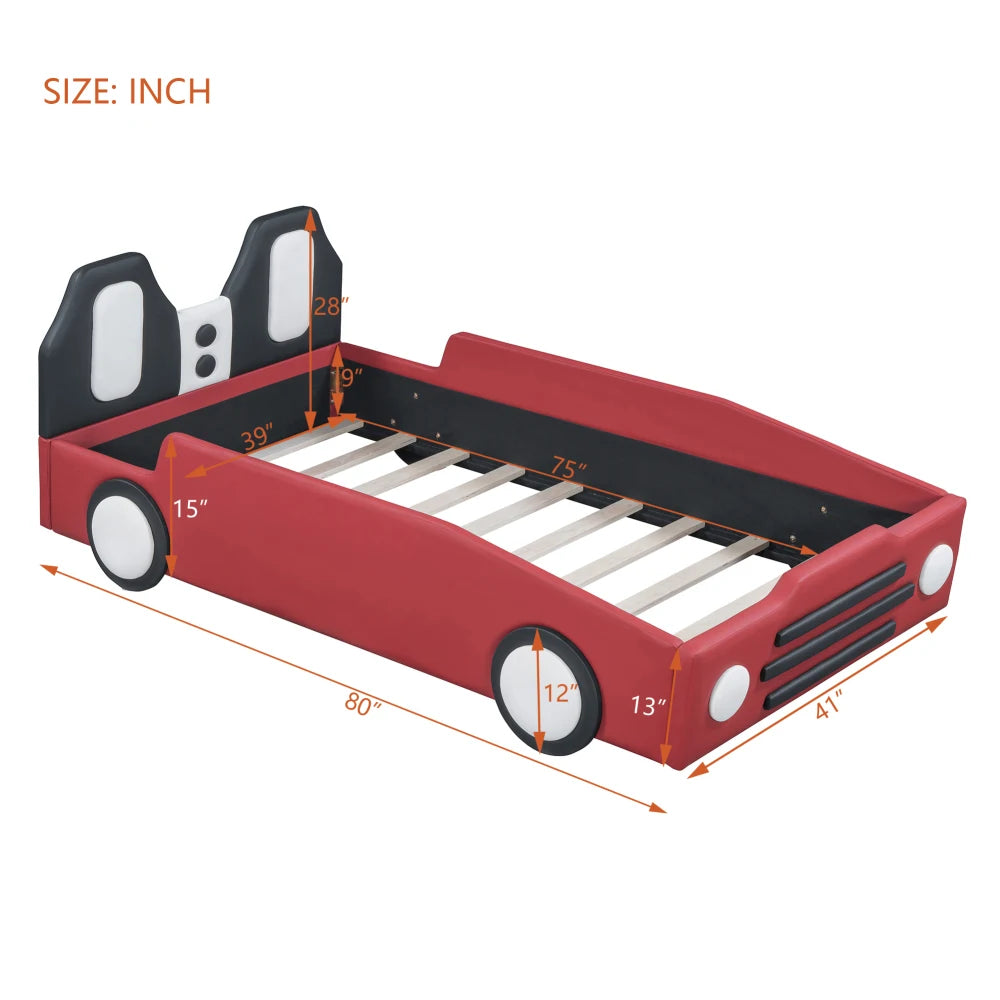Twin Size Race Car Bed for Kids,PU Car-Shaped Bedframe with Wheels and Side Rails,Wood Slat Support,No Box Spring Needed,Red