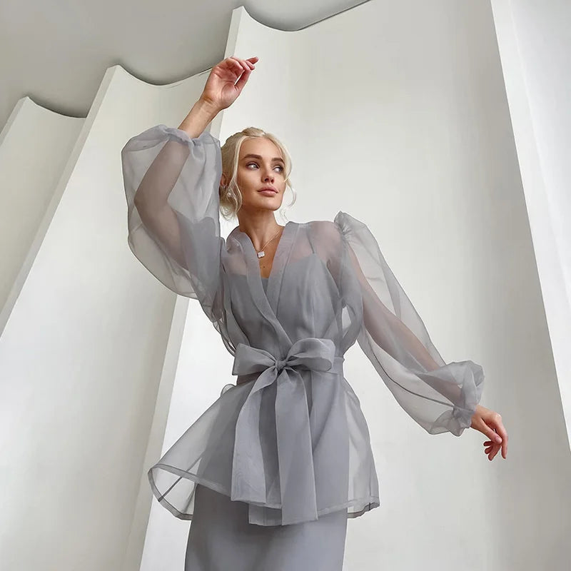 2023 Spring Summer Women Elegant Long Sleeve Solid Grey Mesh Shirt Ladies Sheer Chiffon Blouse For Woman Female
