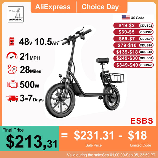AOVOPRO 500W 14inch Electric Bicycle 10.4AH Battery 28Miles Max Range 22MPH Max Speed Shock Absorption Foldable Adult Ebike