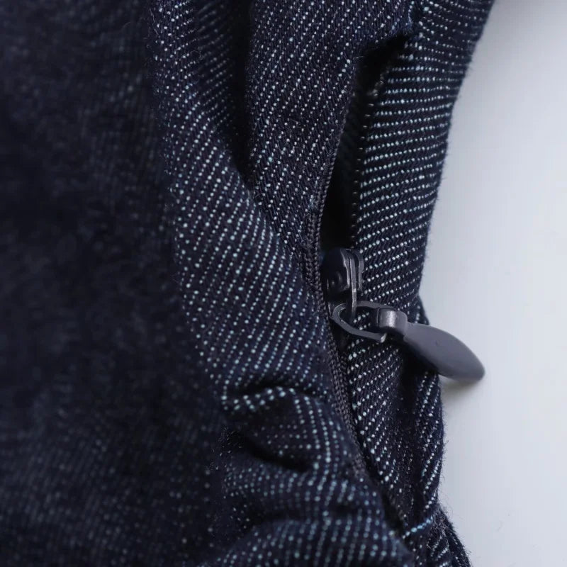 denim MIDI dress with lapel side zipper fashion wrinkle waist slim elegant dress