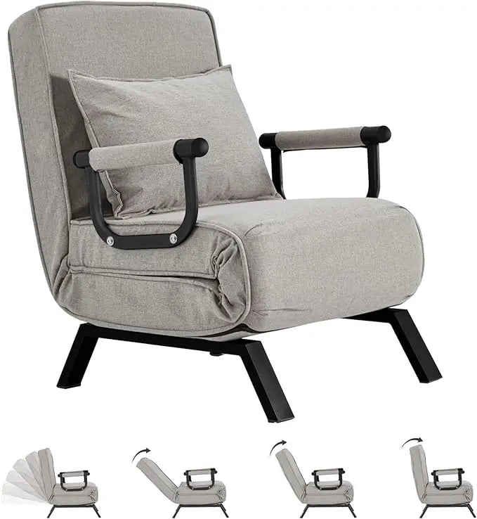 Convertible Bed Sleeper Chair,Tri-fold Upholstered Armchair Sleeper with Pillow,Folding Leisure Chaise Lounge Couch with 6 Angle
