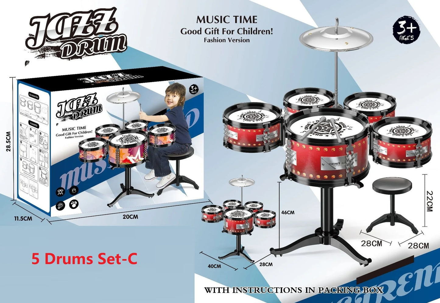 Jazz Drum Set for Kids 3 Drums / 5 Drums with Small Stool Drum Stick Set Music Instrument Educational Toys for Beginners Gifts