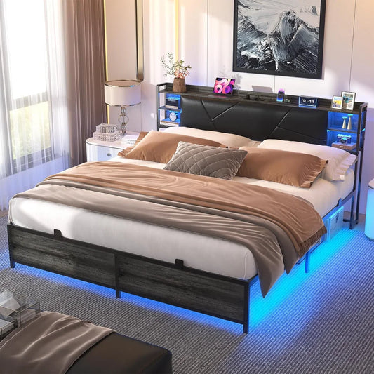 LED King Size Bed Frame with Charging Outlets & Sturdy Bed W/Upholstered Headboard, Heavy Duty Metal Slats, No Box Spring Needed