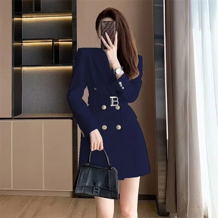 French Elegant Long Sleeve Suit Dress Waist-Cinching Short Size Professional Double-Buttoned Belted Coat