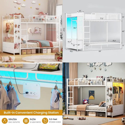 Twin Over Twin Metal Bunk Bed with Hall Tree, Power Outlet, LED Lighting, 4 Storage Drawers, and Safety Guardrail