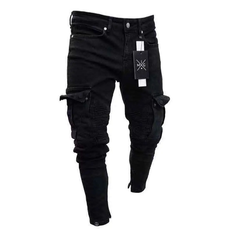 Men's Black Side Many Pockets Cargo Jeans Fashion