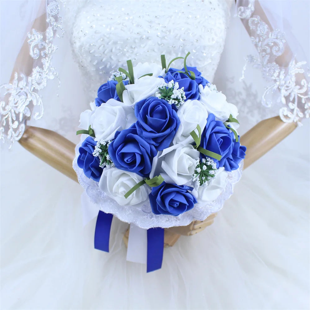 YO CHO Bridal Wedding Bouquet Artificial PE Rose Flower Fake Pearl Bouquet Blue Bridesmaid Marriage Wedding Supplies Decorations