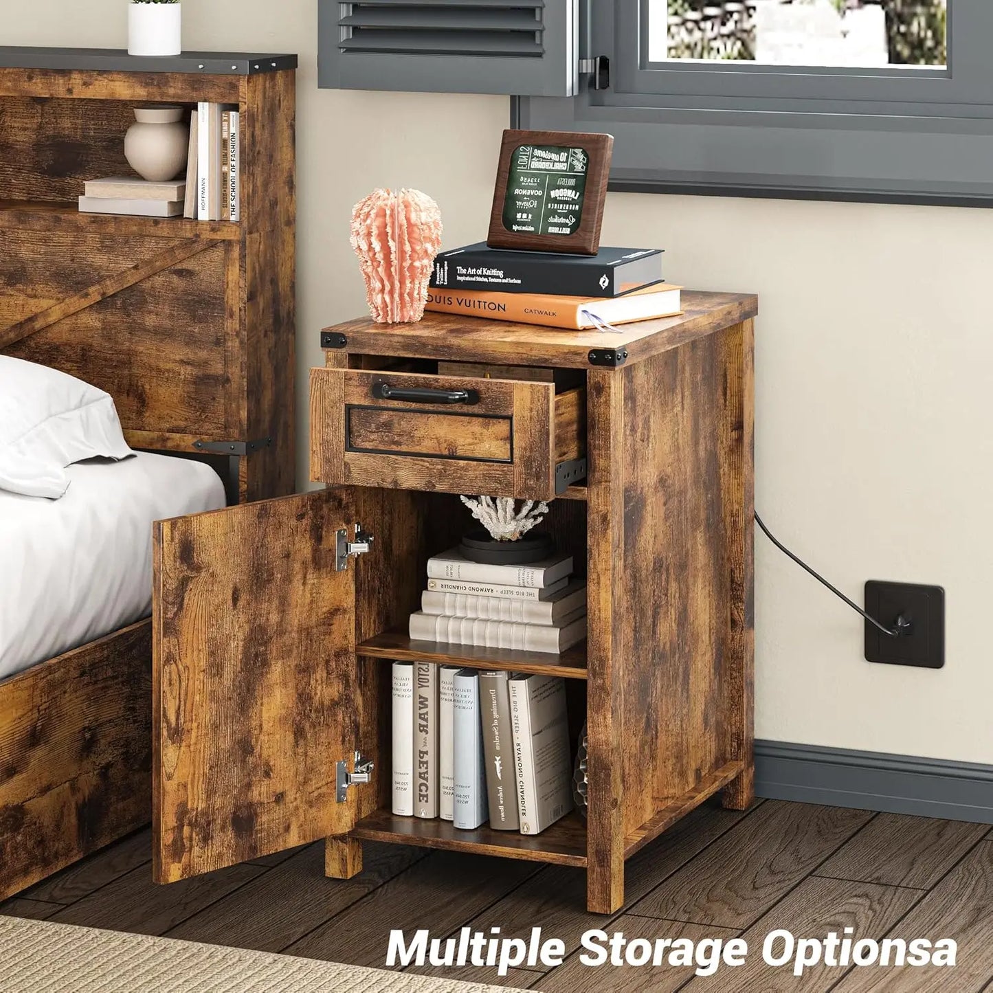 Vabches Nightstand with Drawer&Storage Cabinet Farmhouse Night Stand with Power Outlet Wood End Table Bedside Table for Bedroom