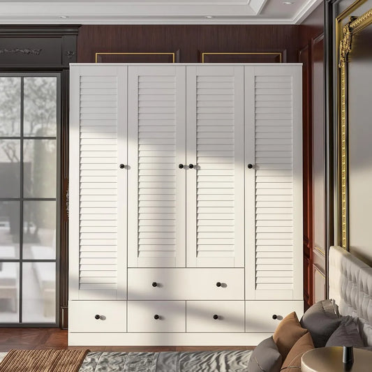 Large Wardrobe Armoire with Multi-Tier Shelves, 5 Drawers, Hanging Rod & 4 Louver Doors, Wooden Closet Storage Cabinet for Bedr