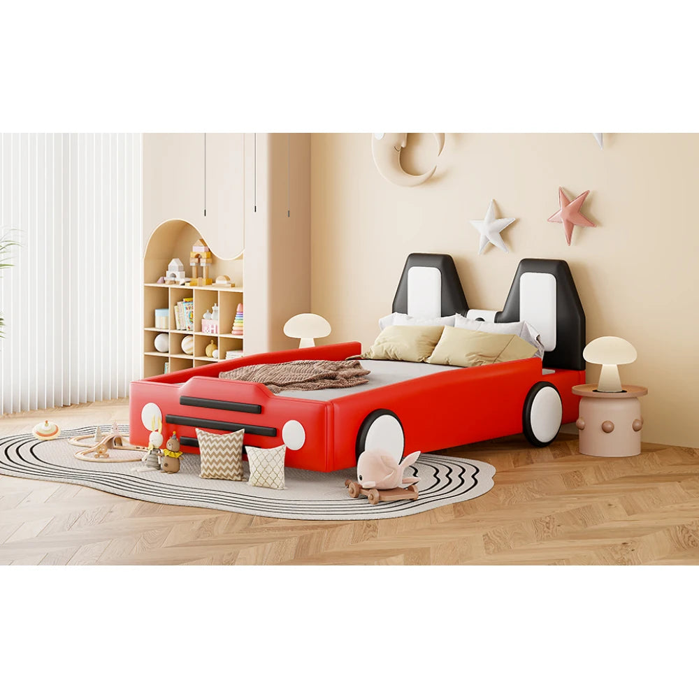 Twin Size Race Car Bed for Kids,PU Car-Shaped Bedframe with Wheels and Side Rails,Wood Slat Support,No Box Spring Needed,Red