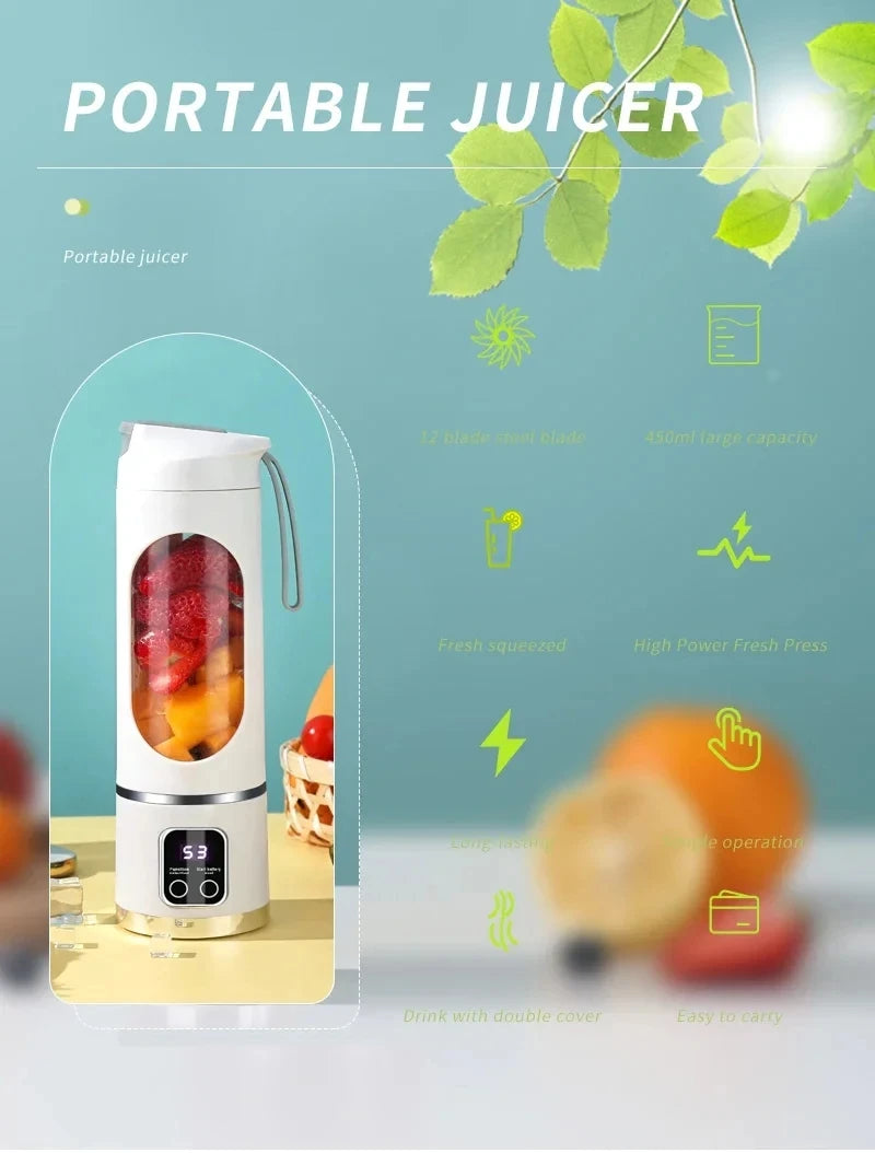 2025 New Household Charging MINI Crushed Ice Electric Juicer Powerful Motor 450ML Large Capacity Digital Display Juice Cup