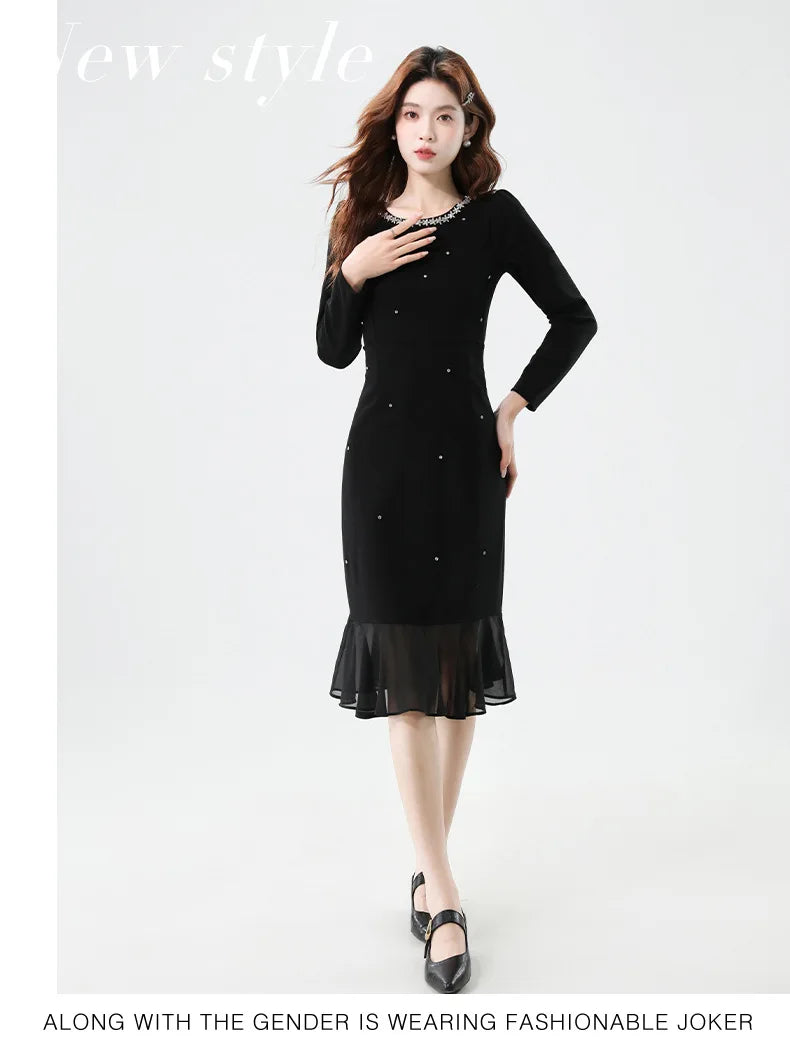 Fall Fashion Heavy Duty Rhinestone Splice Slimming Chiffon Mermaid Dress