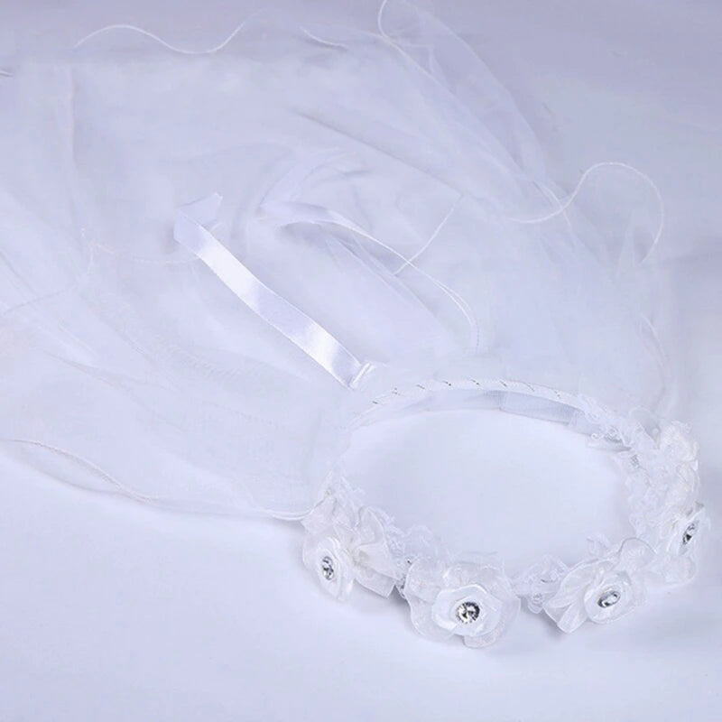 Children Little Princess Hairband Double Layers Tulle Bridal Veils Flowers Garland Ruffles Floral Lace Wedding Party Wreath