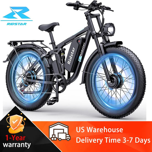Ridstar 2000W Electric Bike 26 Inch Fat Tire Adult Ebike 48V 23AH Battery Dual Motor Off-Road All Terrain Electric Bicycle EMTB