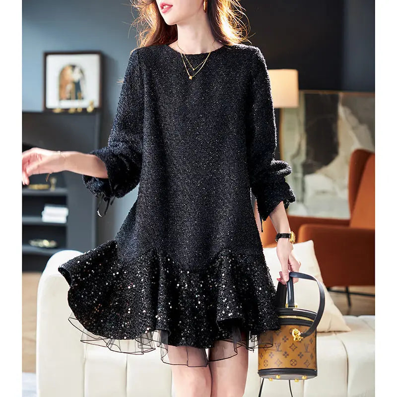 Autumn New Fashion Office Lady Mini Dress Elegant O-Neck Lantern Sleeve High Waist Sequined Lace Slim A-Line Party
