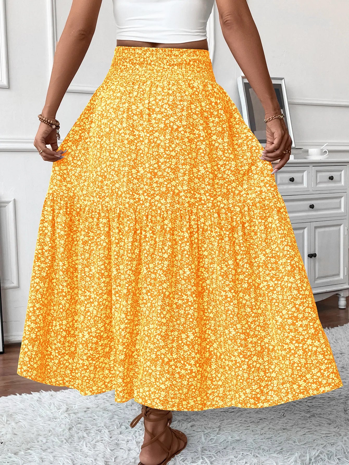 Women New Classic Printed Skirt Retro High Waist Long Skirt Casual Stylish Loose Beach Skirt Elegant Ladies Floral Pleated Skirt