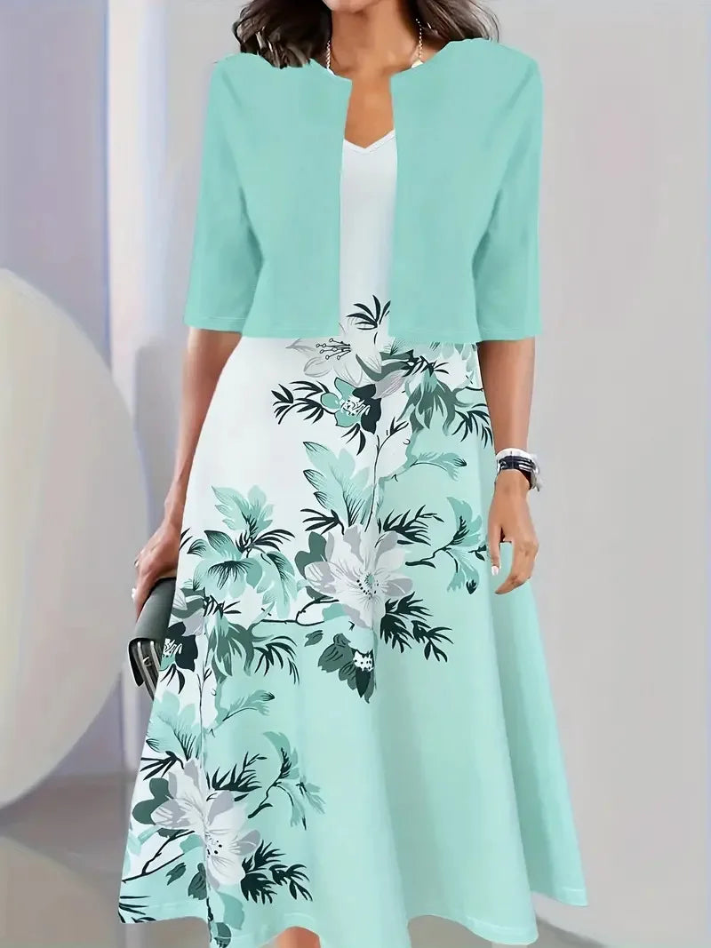 Casual V-neck Sleeveless Floral Print Long Dress For Women Half Sleeve Short Cardigan Suit Loose Midi Dresses Elegant Sets