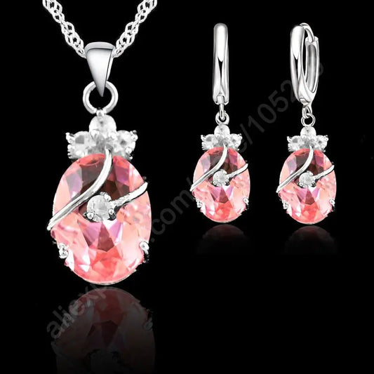 Charming 925 Sterling Silver Austrian Crystal Water Drop Pendant Necklace Earrings Sets For Women Wedding Jewelry Sets