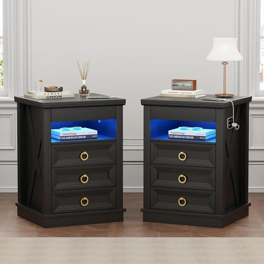 Farmhouse Nightstand Set 2 with Gun Drawer,Bedside Table with Charging Station and Human Body Senor,3 LED Lights Night Stand