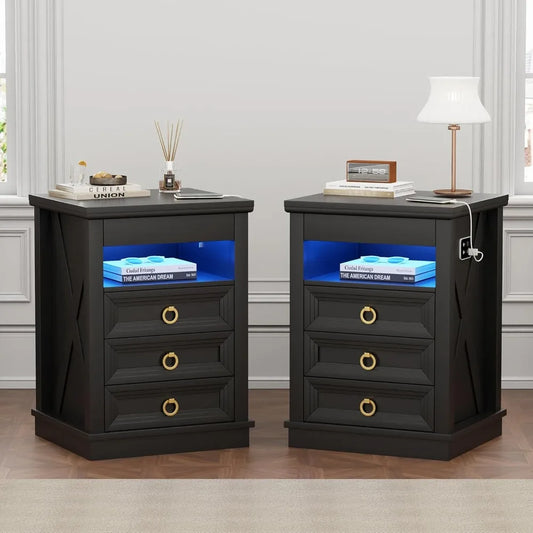 Farmhouse Nightstand Set 2 with Gun Drawer,Bedside Table with Charging Station and Human Body Senor,3 LED Lights Night Stand