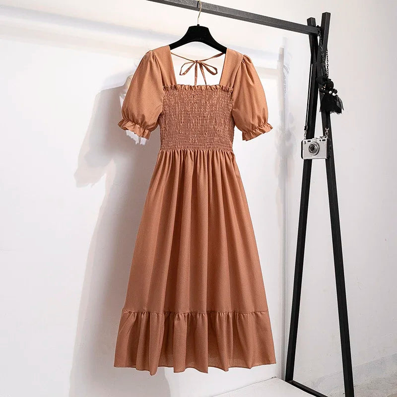 Spring Summer Chiffon Dresses Fashion Female Elastic Waist Short Sleeve Pleated Casual Dress Women A-line Dresses
