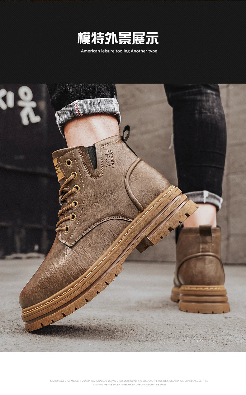 Men's boots soft sole four seasons anti slip comfortable high top boots men's thick soled comfortable youth versatile work boots