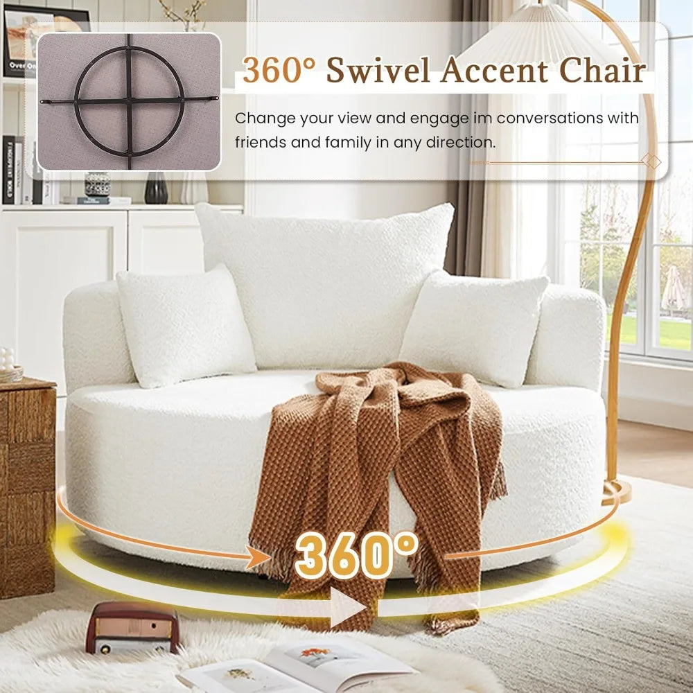 55.1” Oversized Round Swivel Barrel Chair, Large Upholstered Accent Sofa Chair with 3 Pillow,Comfy Chenille Cloud Circle Reading