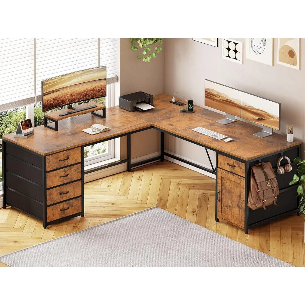 L Shaped Desk, 63" Computer Desk with 5 Drawer & Power Outlet, Long Home Office Desk or Corner Desk, L Shaped Corner Desk with