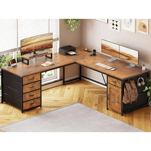 L Shaped Desk, 63" Computer Desk with 5 Drawer & Power Outlet, Long Home Office Desk or Corner Desk, L Shaped Corner Desk with