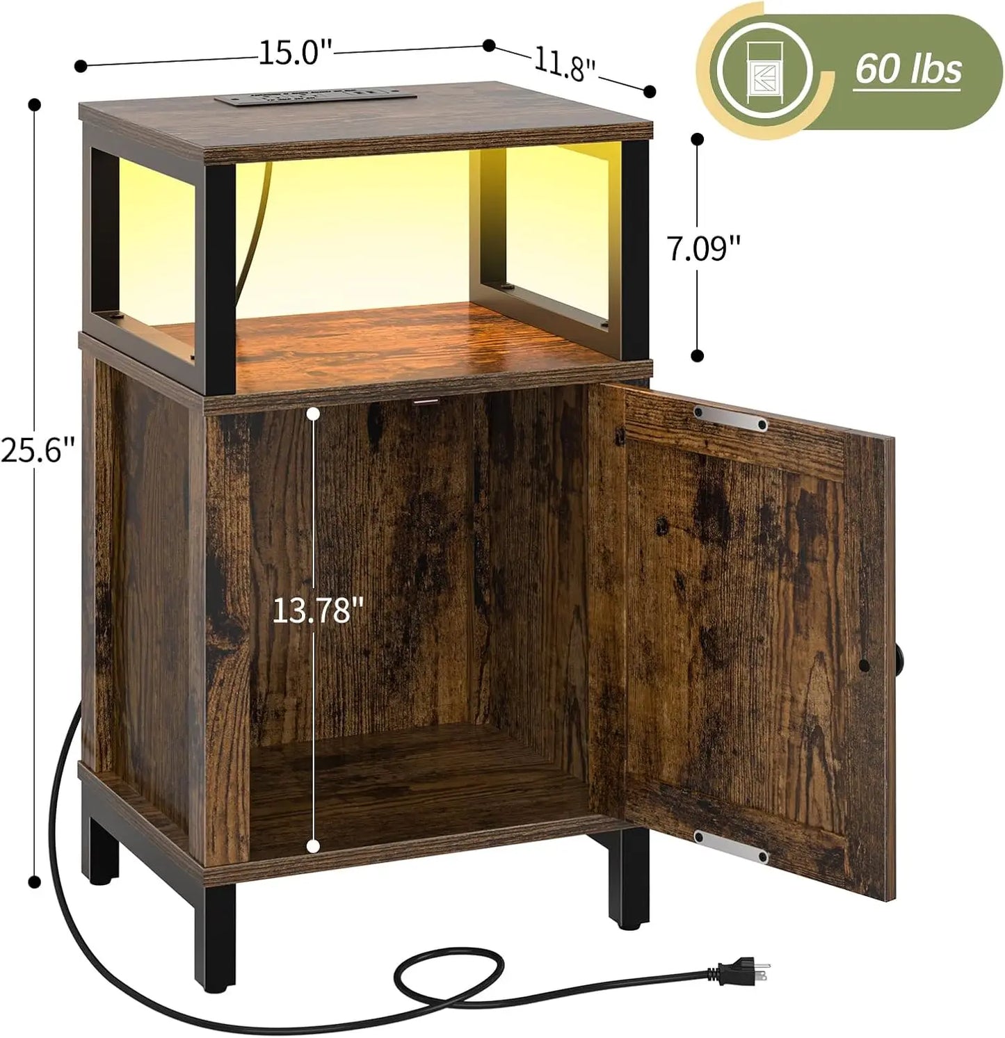 Farmhouse Nightstand with Charging Station, Wood Night Stand End Table with USB Ports, LED Bed Side Table with Storage Cabinet,