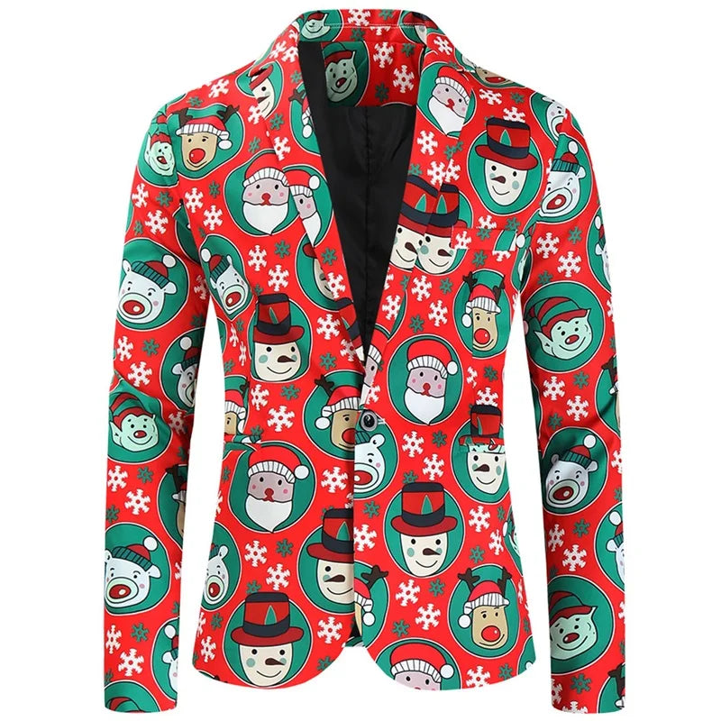 Men Christmas 3Pcs Suit Cartoon Print Long Sleeve Single Breasted Jacket with Vest Pants