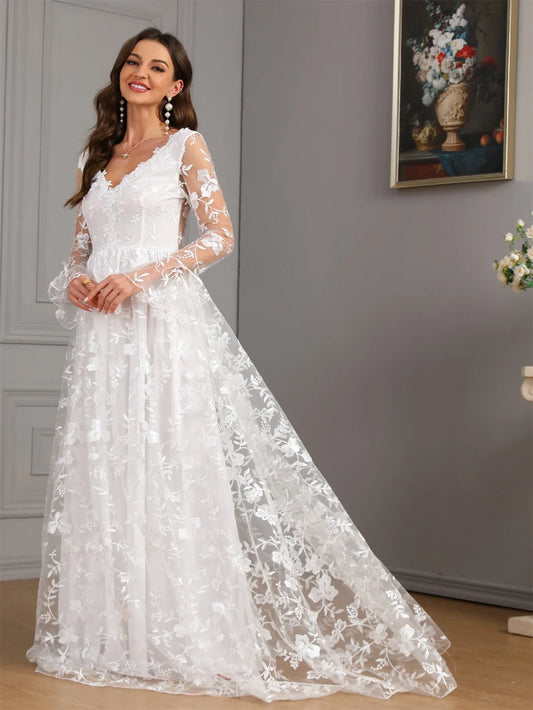Ladies New Elegant Wedding Dress Autumn Long Sleeve Solid Color High end Wedding Dress Festival Party Evening Dress
