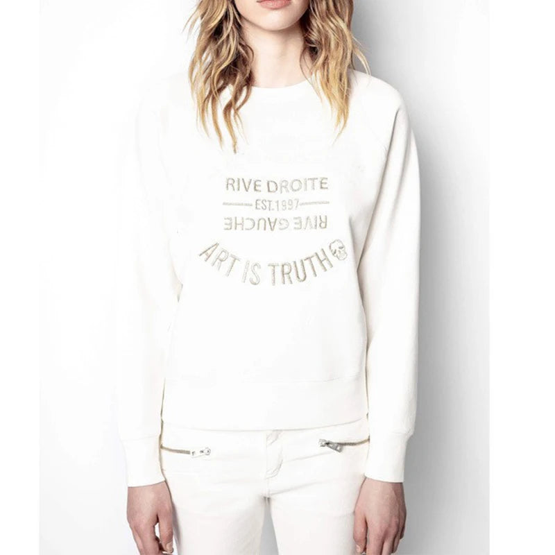 Early autumn new French niche ZV classic letter embroidery pink cotton women's embroidered pullover sweater sweatshirt