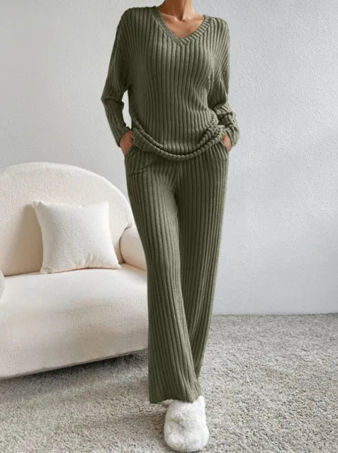 Solid Color Casual Loose Knitting Sets For Women Elegant Autumn Women's Two Pieces Suit Full Trouser Set Female Outfit Clothes