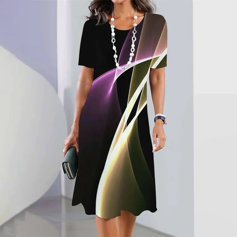 New Women's Dresses Striped Printed Elegant Casual O Neck Short Sleeve  Dresses Fashion Ladies Plus Size Clothing