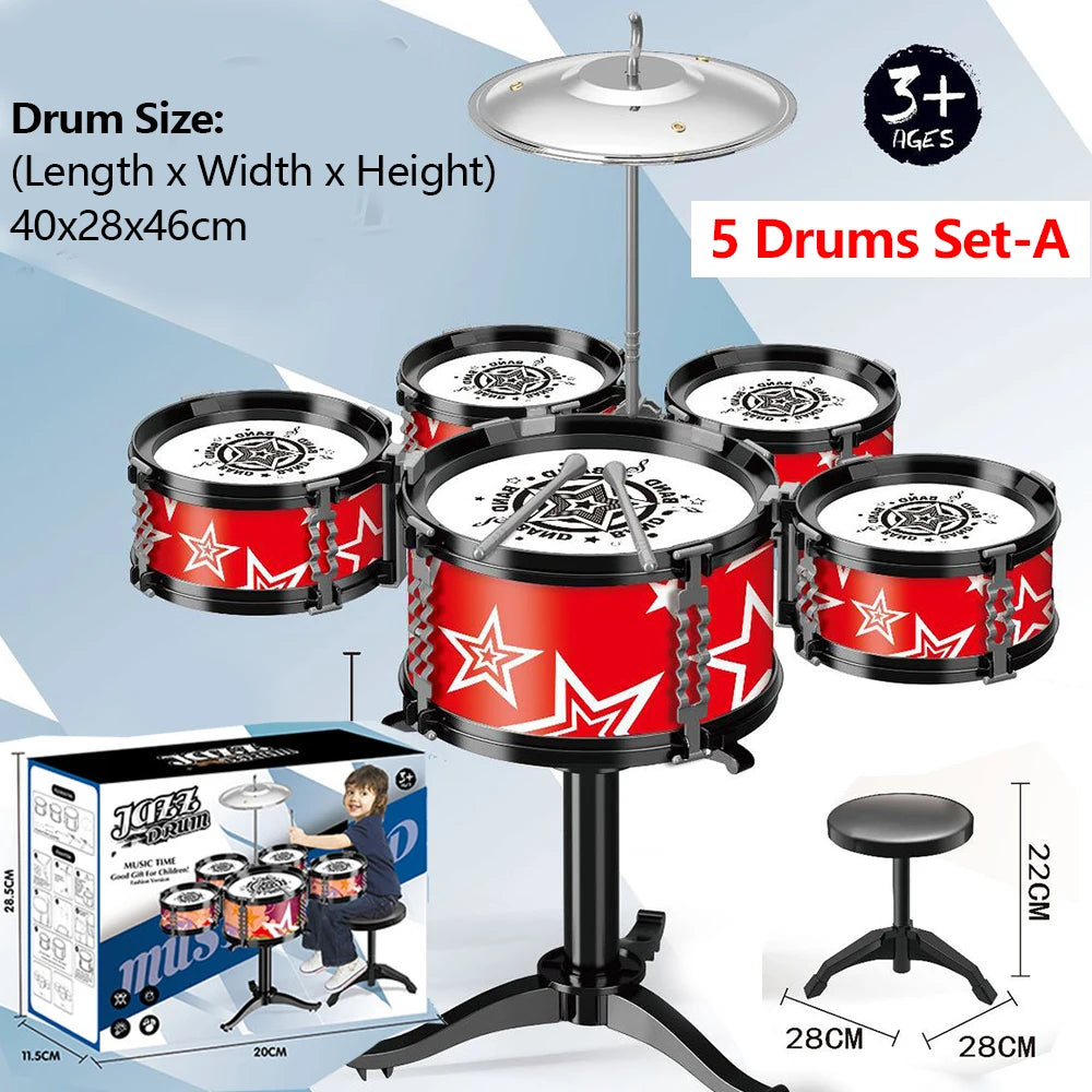 Jazz Drum Set for Kids 3 Drums / 5 Drums with Small Stool Drum Stick Set Music Instrument Educational Toys for Beginners Gifts
