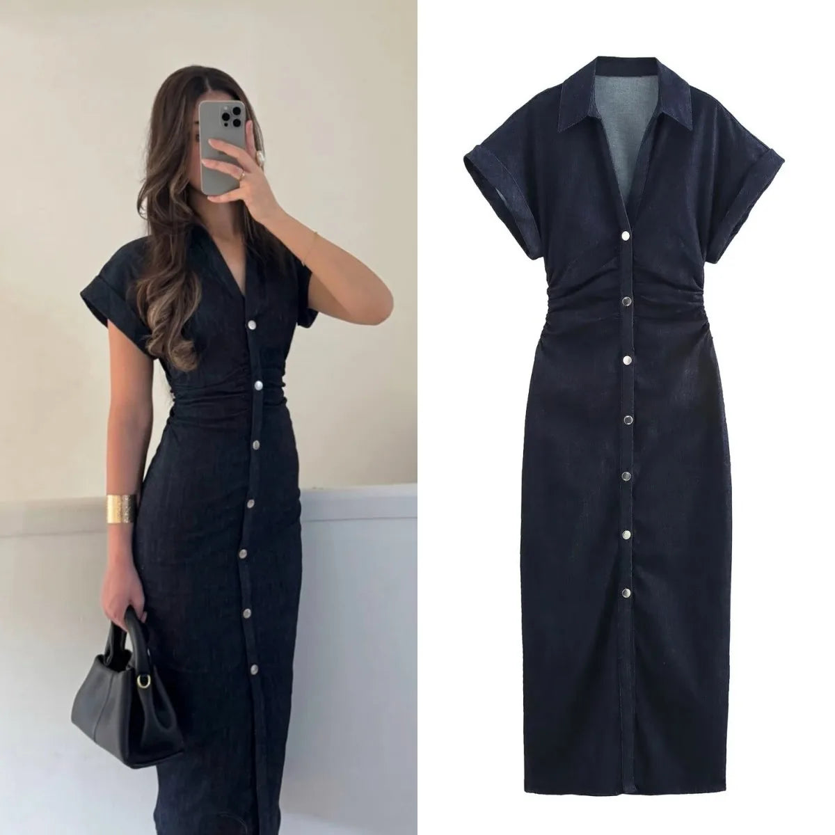 denim MIDI dress with lapel side zipper fashion wrinkle waist slim elegant dress