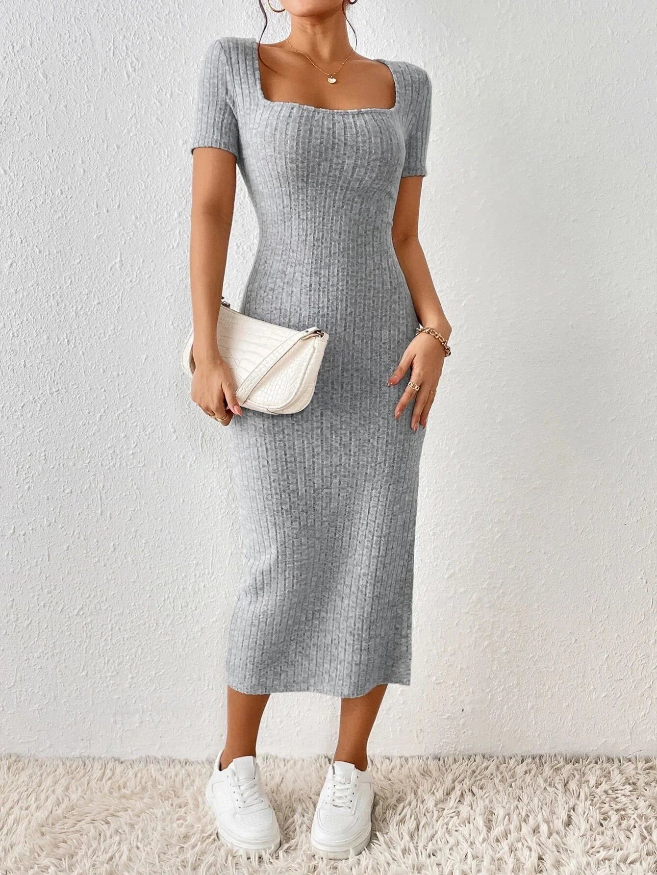 Women Spring Summer Style Knitted Dress Lady Casual Short Sleeve Square Collar Side Slit Dress