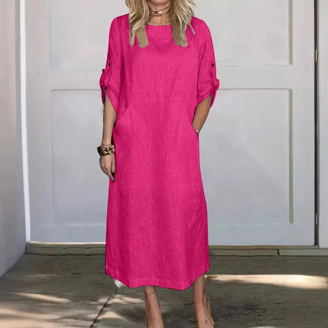 New Women's Clothing  Loose Casual Solid Color Short Sleeved Cotton Linen Fashionable Button With Pocket Dress