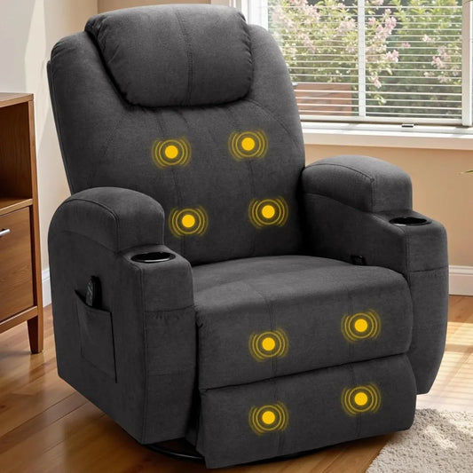 Recliner Chair, 360° Swivel Rocker Chair for Adults, Rocking Recliner Chair with Massage, Comfy Single Sofa with Side Pockets Cu