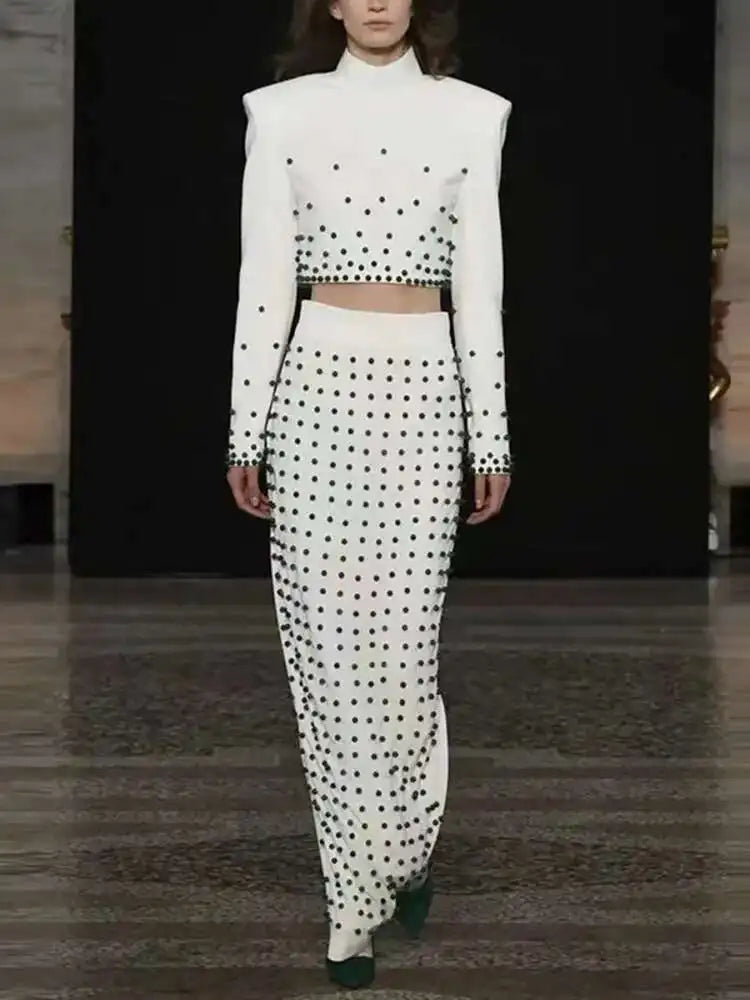 [Women's Beaded Design 2 Pcs Set Stand Collar High Waist Long Sleeve Sets Female Autumn