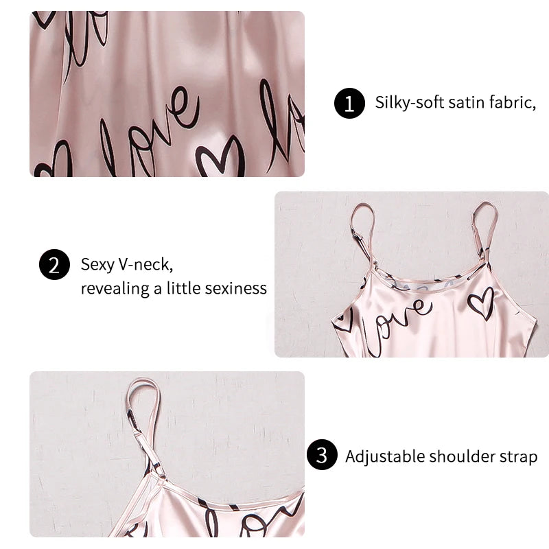 Women Satin Silk Pajamas Sets Letter Print Cami Vest Shirt