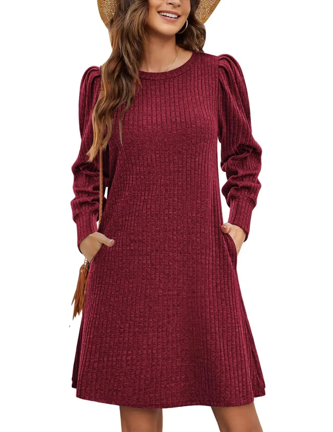 Fashionable women's knitted puffed-sleeve long-sleeved autumn and winter round-neck casual loose dress with pockets