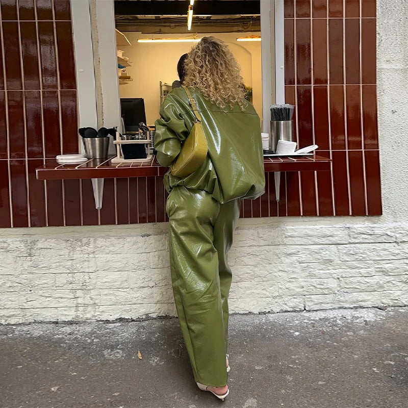 Street Green Leather Jacket Skirt Sets Women Stand Collar Zipper Pleated Coat Spliced Long Skirts Outfits
