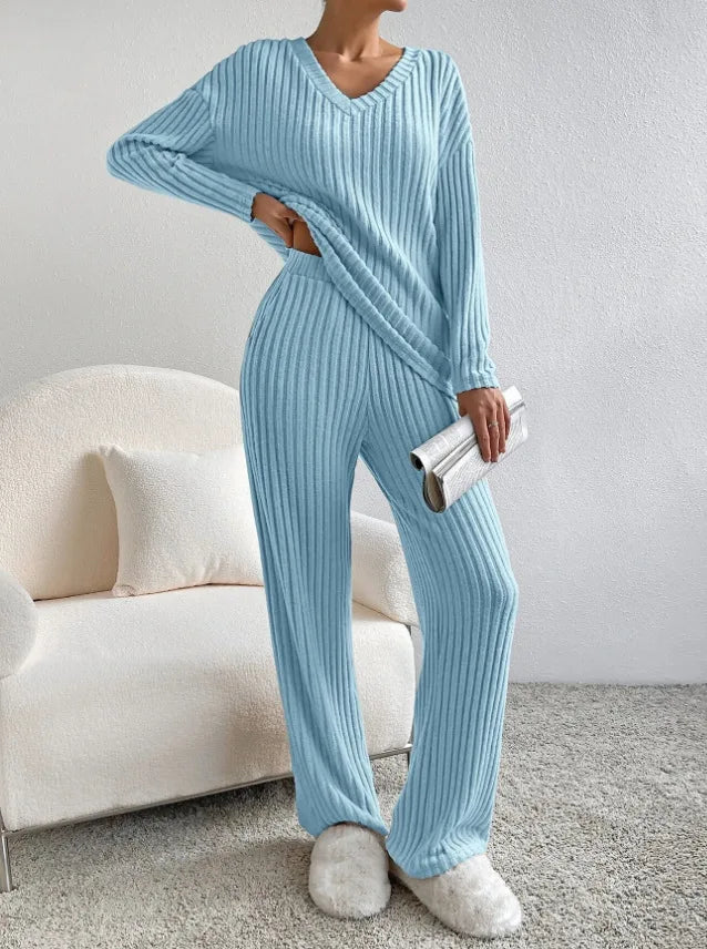 Solid Color Casual Loose Knitting Sets For Women Elegant Autumn Women's Two Pieces Suit Full Trouser Set Female Outfit Clothes