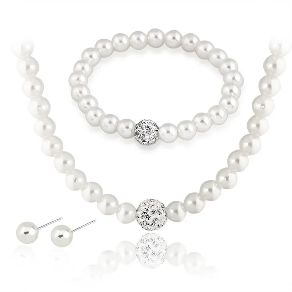 Set 3pcs Classic Trendy Pearl Crystal Necklace Bracelet Earring for Women Luxury Wedding Bride Set Jewelry Gifts