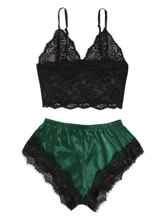 2PCS Women's Satin Pajama Set Lace Cami Top and Shorts Sexy Lingerie Sleepwear Summer Breathable Nightwear Black And Pink