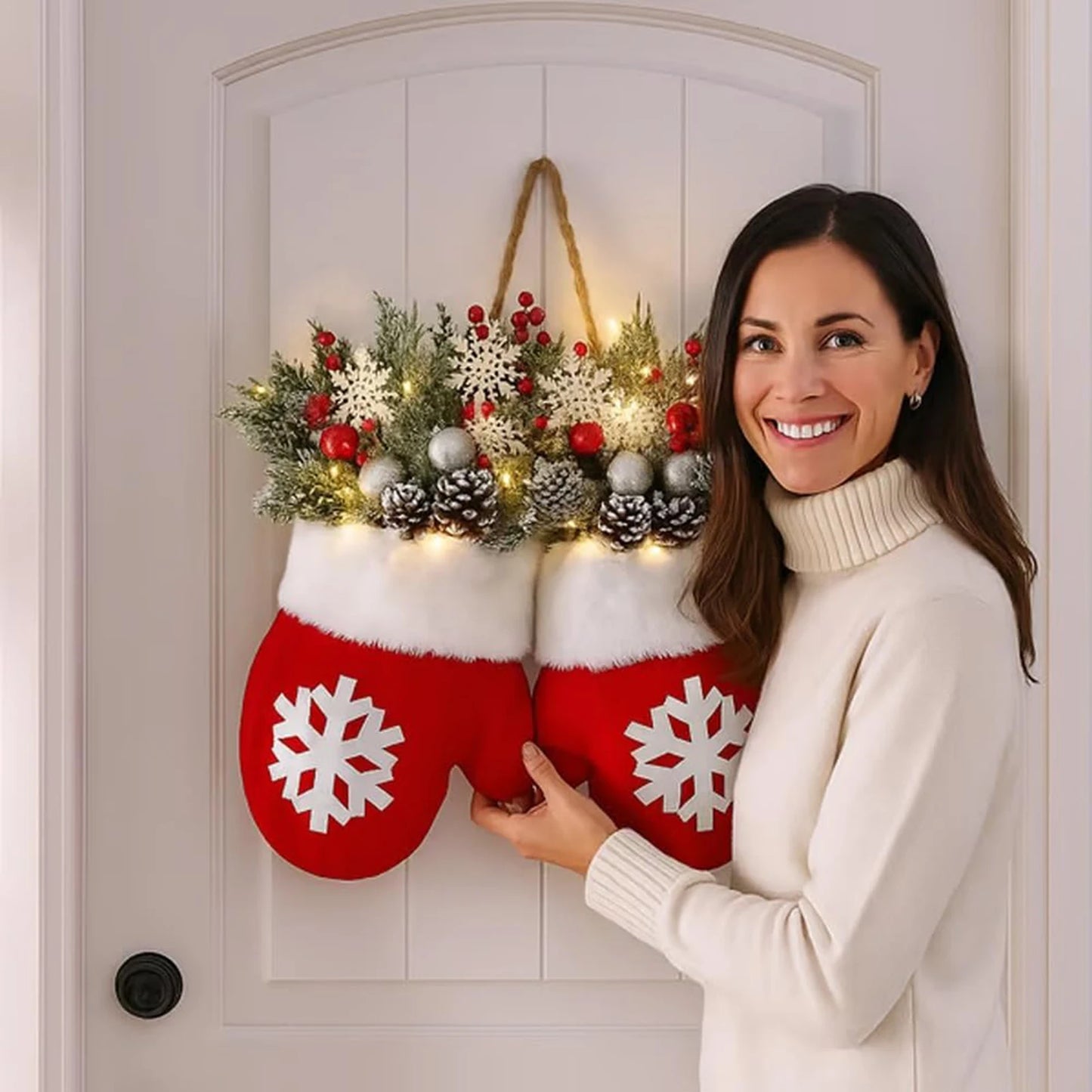 2025 Christmas Garland Creative Glove Shaped Simulated Flower Wreath Window Door Gate Decoration Door Sign Xmas Party Decoration